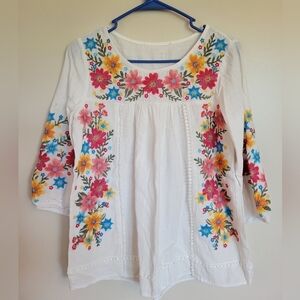 Women's White Floral Embroidered Cotton 3/4 Sleeve Top Size Small